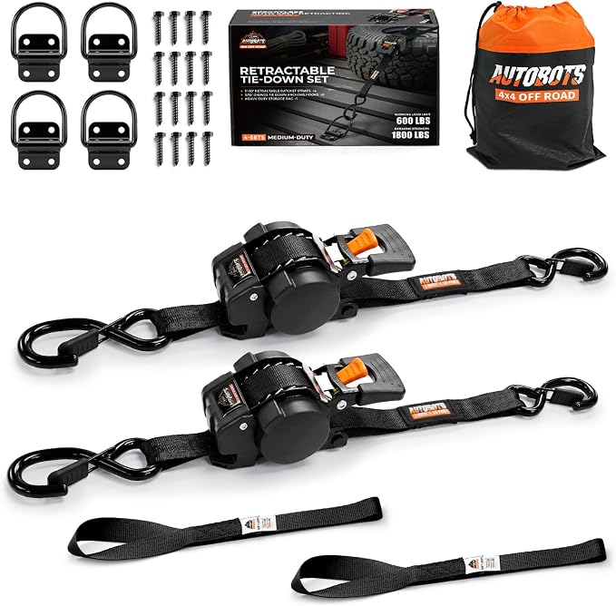 AUTOBOTS Retractable Ratchet Straps (2-Pack) 1” X 10ft (1,800lb Break Strength) - Heavy Duty Auto Self Tie Down Straps with (4) Tie Down Anchor for Cargo Trailer, Truck, Motorcycle, ATV, UTV