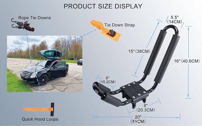 Kayak Roof Rack 2 Pairs Heavy Duty J-Bar Carrier Holder for Canoe, SUV, Cars, Truck, Surf Ski, Tie-Mount on Car Roof Top Crossbar for Trip - Includes 8 Pcs Ratchet, Set of 4