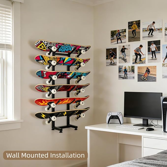 6-Tiers Heavy Duty Skateboard Racks Floor Stand, Skateboard Wall Mount, Snowboard Racks, Space Saving Storage for Garage Bedroom Skate Shop Gym, Black