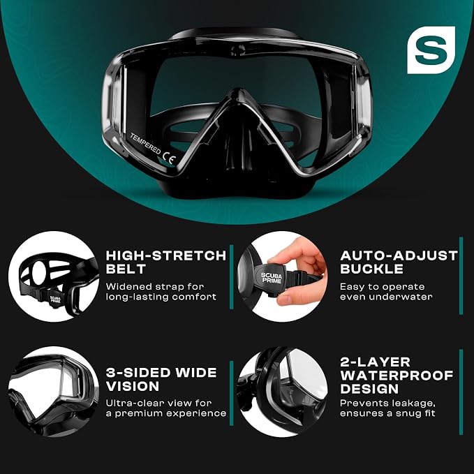Pano 3 180° Panoramic Dive Mask, Three-Window Tempered Glass Scuba Mask with Dry Top Snorkel, Dual-Layer Silicone Skirt Anti-Leak Diving Gear for Men Women Teens Adults, 4 Color Options