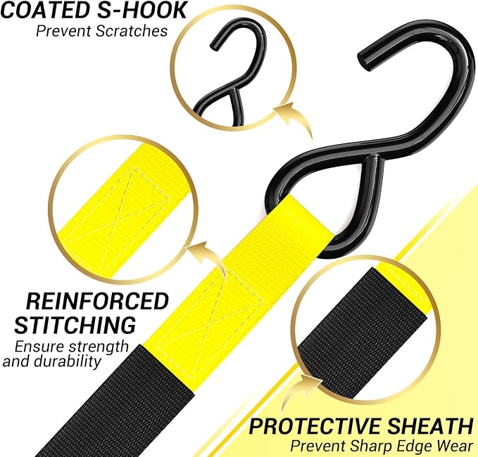 Ratchet Tie Down Strap 15 Ft - 500 lbs Load Cap with 1500 lbs Breaking Limit, Ohuhu Ratchet Tie Downs Logistic Cargo Straps for Moving Appliances, Motorcycle (Yellow, 8-Pack)