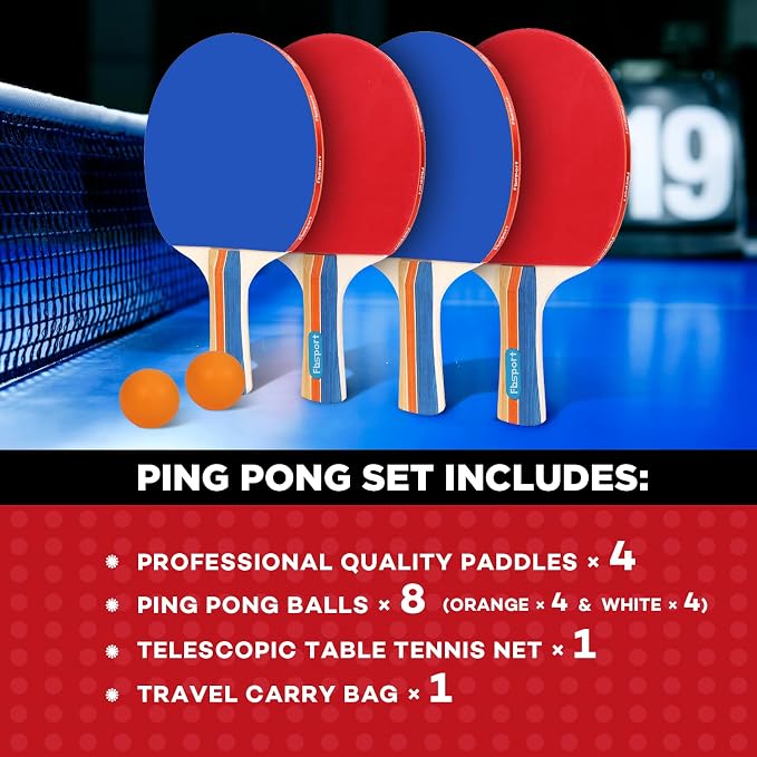 FBSPORT Ping Pong Paddle Set, Table Tennis Set with 4 Rackets and 8 Balls, Retractable Net with Storage Bag - Pingpong Paddle Accessories for Indoor/Outdoor Games