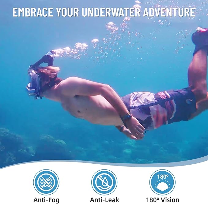 Electric Full Face Snorkel Mask for Adults, Fan-Assisted Airflow Snorkeling Gear, 180° Panoramic Anti-Fog View, Dry Top Leak-Resistant Design with Camera Mount for Beach Vacation