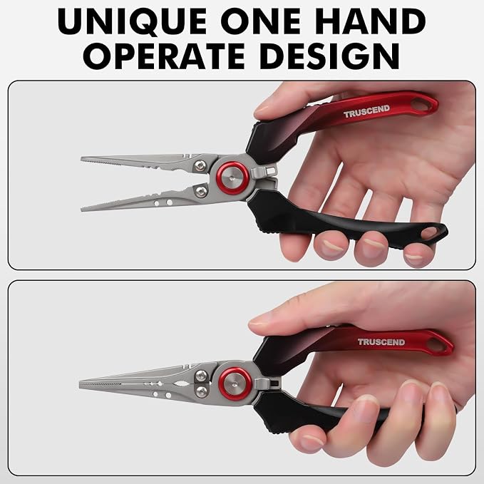 TRUSCEND Easy Use Lockable Fishing Pliers with Tungsten Carbide Cutter, Innovative Ergonomic Handy Handle, Saltwater Corrosion Resistant Teflon Coated Fishing Tool, Light Multi-Function Fishing Gear