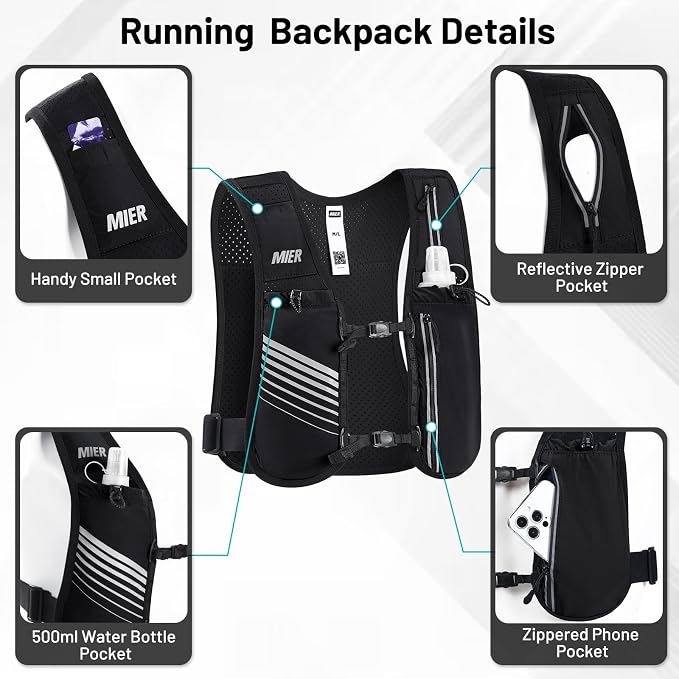 MIER Running Vest for Women Men, Lightweight Breathable Hydration Vest with 500ml Soft Flask Reflective Hydration Backpack for Marathon Cycling Hiking Jogging