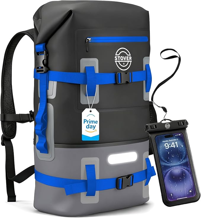 STOVER 40L Waterproof Dry Backpack & Phone Case - X-Large Floating Dry Bag for Kayaking, Travel, Hiking, Fishing, Camping, Motorcycles & Beach, Heavy-Duty Roll Top Men/Women (Black/Grey/Blue)