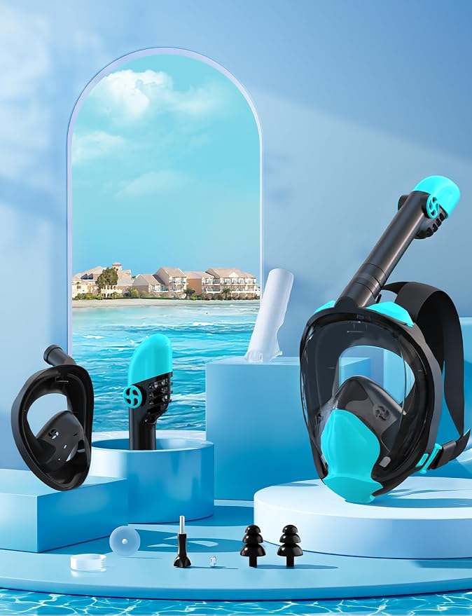 Full Face Snorkel Mask for Adults, 180° Panoramic Anti-Fog Snorkeling Gear with Dry Top System & Camera Mount, Foldable Anti-Leak Design for Travel, Swimming & Ocean Snorkeling