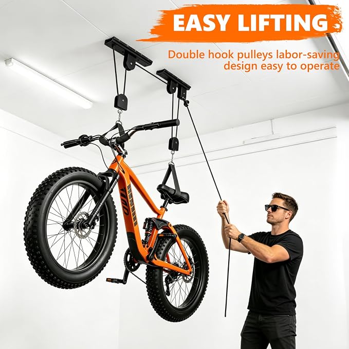 Bike Hoist,Ceiling Mount Bike Hanger,Heavy Duty Bike Hangers for Garage,Bike Pulley System for Garage,Holds Up to 100 lbs,Ceiling Bike Hanger for Ebike,Road Bike,Fat Tire,Snowboard(2 Pack)