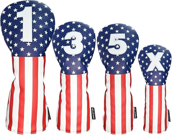 Golf Head Covers, Headcover for Woods and Driver Hybrid Set, Waterproof Club Head Covers, 4pcs or 1pc PU Leather USA Stars and Stripes 1 3 5 X for Most Golf Clubs