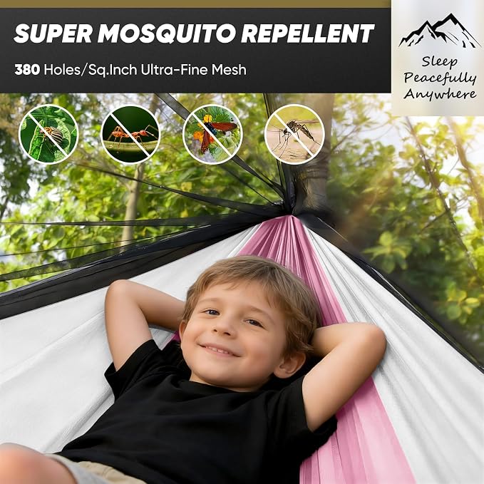 Kids Camping Hammock with Mosquito Net, 450 lbs Portable Hammock with Tree Straps, 2-in-1 Double/Single Travel Hammocks for Children, Hammock for Outside/Indoor/Backpacking/Beach - Pink & White