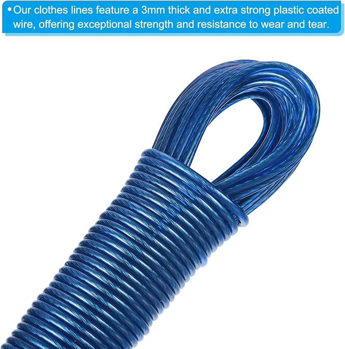 PATIKIL Plastic Coated Clothesline, 2 Pack 1/8 Inch x 66 FT Extra Strong Steel Core Clothes Lines Wire for Drying Clothes, Outside Hanging, Blue