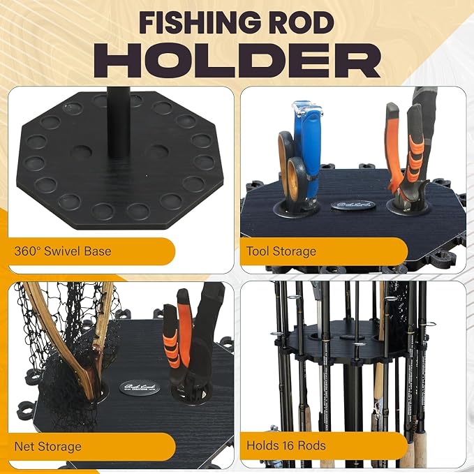 Rush Creek Creations 16-Rod Round Fishing Rod Holder for Garage, 360° Access Pole Holder for Fishing Rods, Reels, Gear, and Accessories, Securely Holds 16 Rods, Gray (Pack of 5)