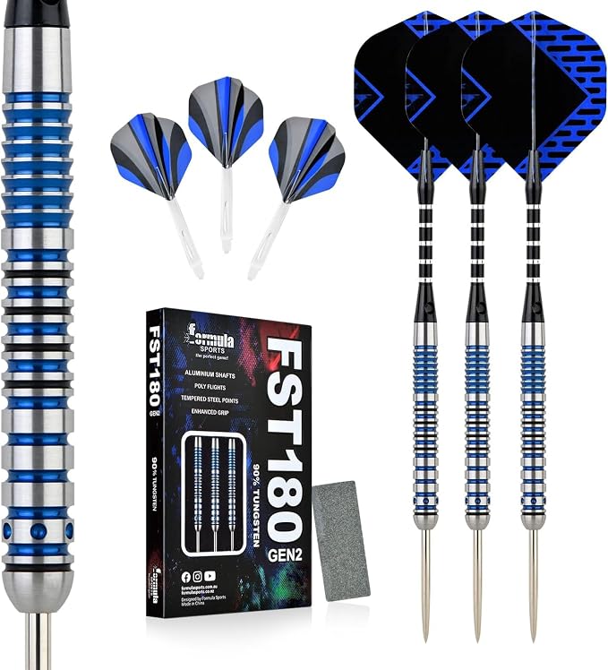 Formula Sports 90% Tungsten Steel Tip Darts Set - Professional Darts Metal Tip Set Available in 21g/22g/23g/24g, with Aluminum Shafts, Tungsten Barrels, Extra Flights, Sharpener