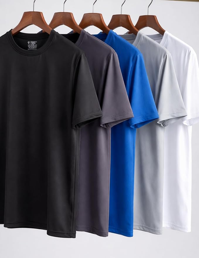 5 Pack Men’s Active Quick Dry Crew Neck T Shirts | Athletic Running Gym Workout Short Sleeve Tee Tops Bulk