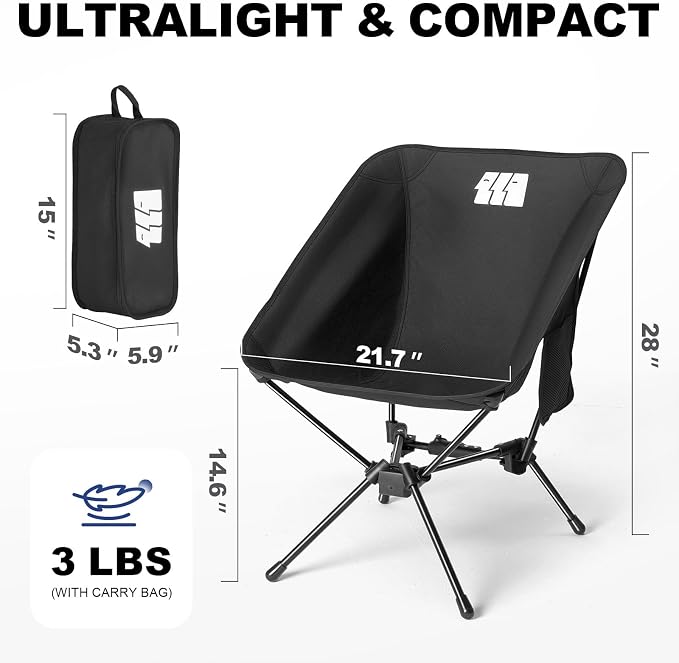 Portable Camping Chairs for Adults Heavy Duty, Compact Backpacking Chair Supports 330 Lbs Lightweight Folding Camp Chair with Side Pocket for Outdoor Travel Beach Hiking Picnic, Black
