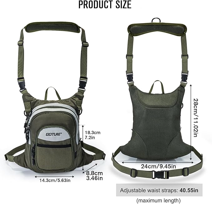 Goture Fly Fishing Chest Pack, Lightweight Chest Pack Tackle Storage Bag, Fly Fishing Waist Pack, Fly Fishing Bag with Adjustable Padded Waist Strap and Neck Strap, Fits Up to 2 Tackle/Fly Boxes