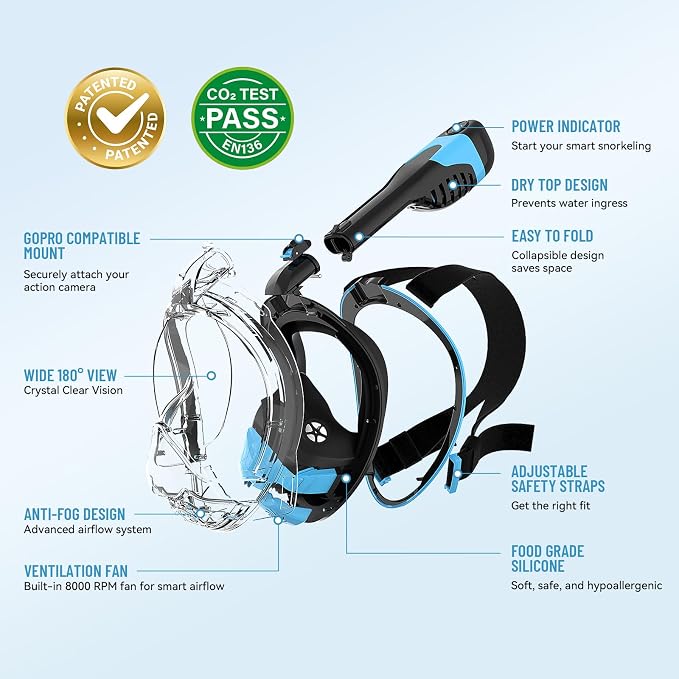 Electric Full Face Snorkel Mask for Adults, Fan-Assisted Airflow Snorkeling Gear, 180° Panoramic Anti-Fog View, Dry Top Leak-Resistant Design with Camera Mount for Beach Vacation