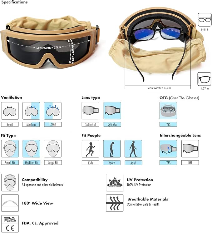 SPOSUNE Airsoft Tactical Goggles with 3 Interchangable Lens Impact resistance Hunting Eyewear, UV400 Protection Shooting Glasses for Men Women Motorcycle Riding Wargame Paintball Khaki