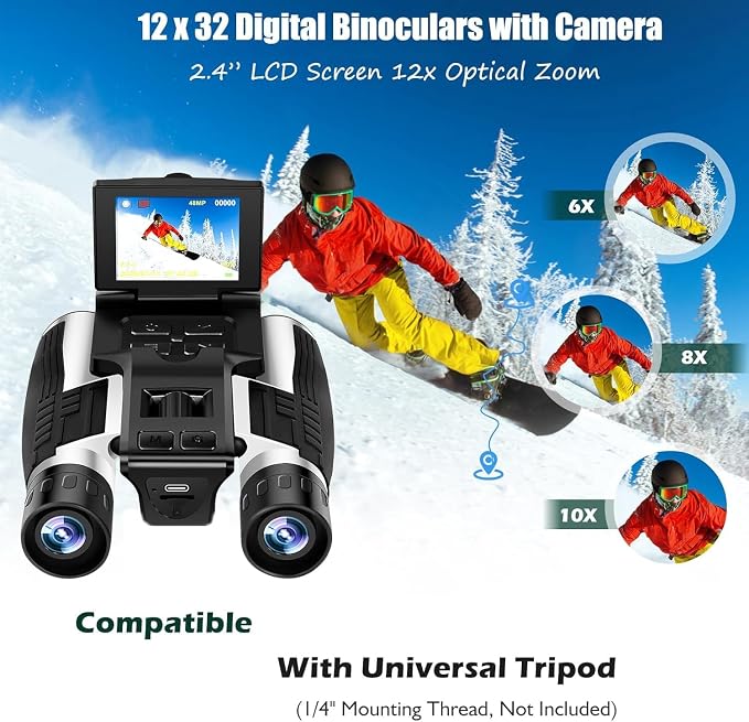 2.4" LCD Digital Binoculars with Camera for Adults, 12x32 Video Photo Recoder 48MP 2.5K for Bird Watching Hunting Concerts and Sports Game with 32GB Cards