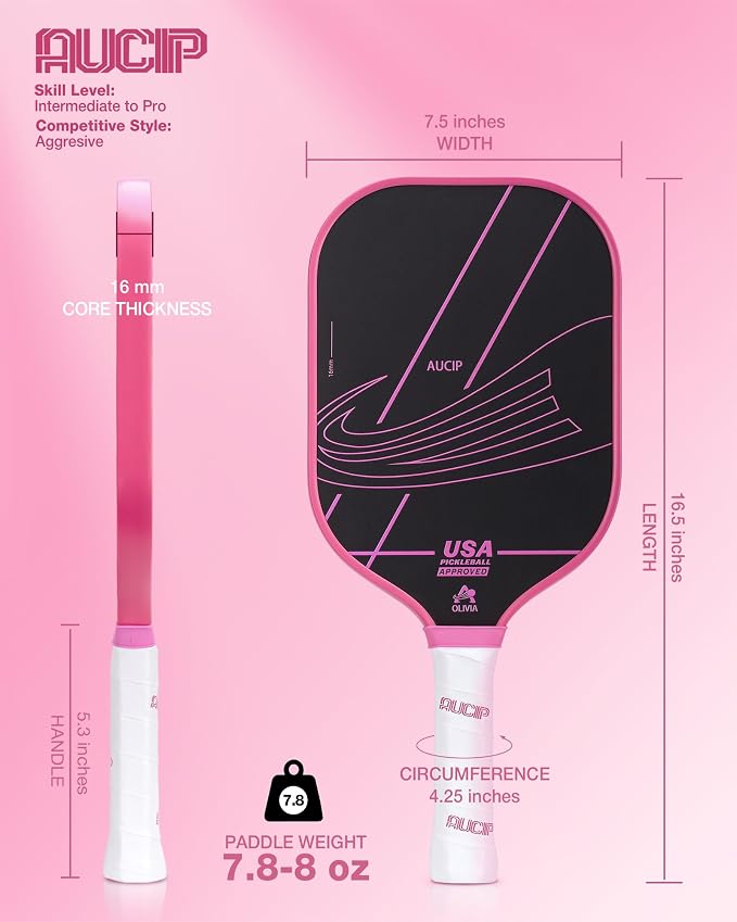 Pro Pickleball Paddle Pink - T700 Carbon Fiber Pickleball Paddle with 16mm Polymer Honeycomb Core, USAPA Certified, Cushion Grip, Perfect for Advanced Control