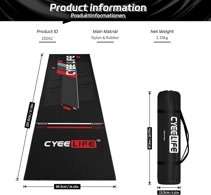 CyeeLife Darts Mat,297 X 66cm Professional Non Slip Carpet Mats for Floor and Dart Tips Protection,Black