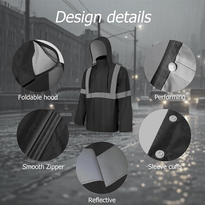 Rain Jacket, High Visibility Rain Coat, Waterproof Raincoat with Hood, Lightweight Rain Suit for Outdoor Activities, Rain Ponchos for Adults Reusable, Men Women, Black T, L-XL