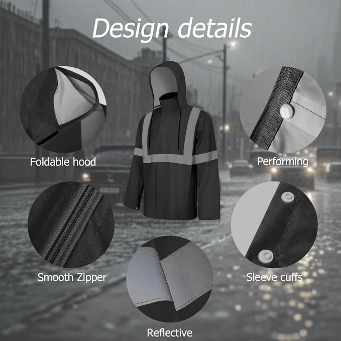 Rain Jacket, High Visibility Rain Coat, Waterproof Raincoat with Hood, Lightweight Rain Suit for Outdoor Activities, Rain Ponchos for Adults Reusable, Men Women, Black T, 4XL-5XL