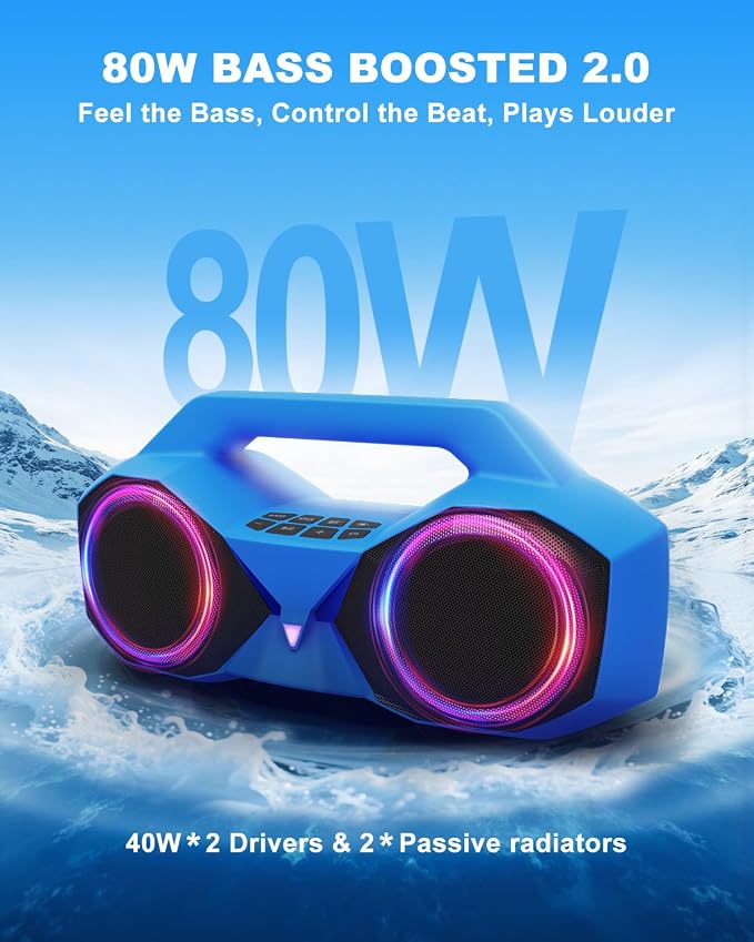 OZJ Bluetooth Speaker Outdoor Loud: 80W(Peak) with Bass, Portable Wireless Speaker with IPX7 Waterproof, 20H Playtime, RGB Lights, TWS for Outside, Beach, Work (Blue)