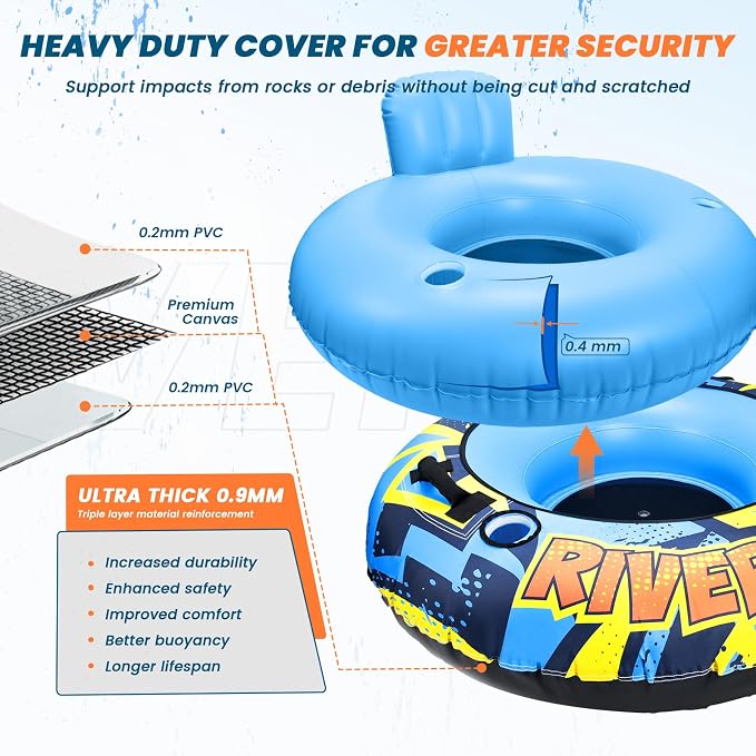 53" Heavy Duty River Tube With Premium Canvas Cover, Inflatable Water Tubes for Floating, Tubing Floats for Pool Lake, Rafts With 2 Cup Holders, 2 Grip Handles for Adults