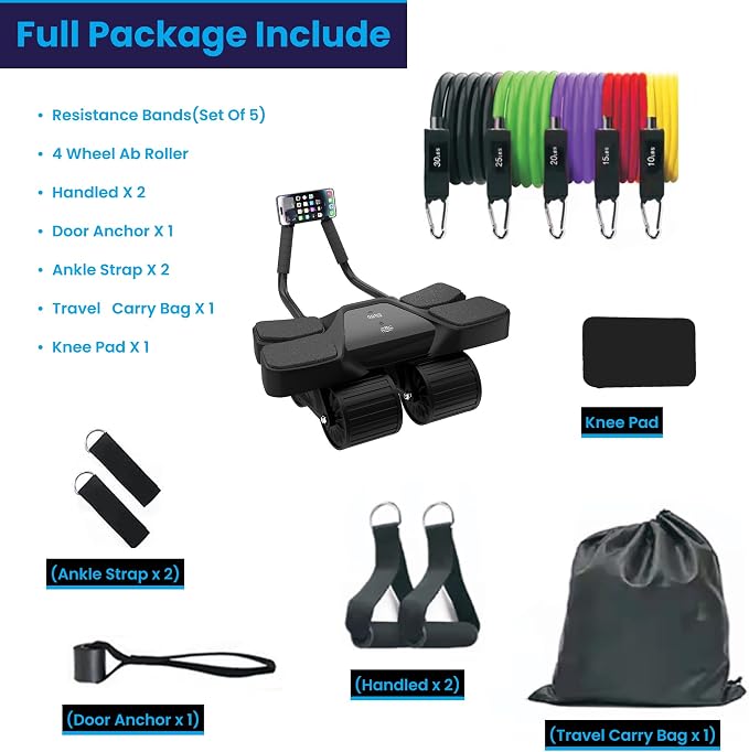 Ab Roller Home Gym Equipment – 4 Wheels Ab Wheel Muscle Roller with Built-in Tracker , 5Pcs Resistance Bands, Ankle Straps, Door Anchor, Handles, Travel Bag – Comfortable Elbow Support with Non-Slip Handles