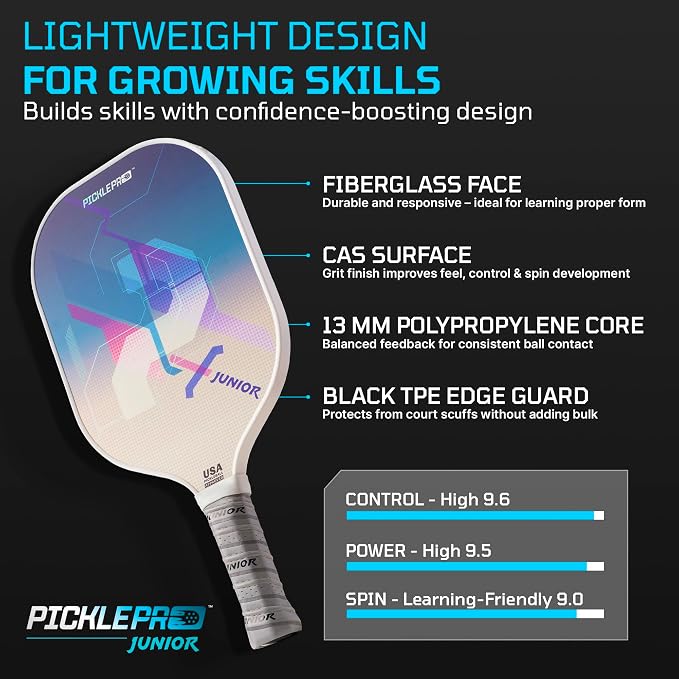 PicklePro Pickleball Paddles with Cover – Lightweight Fiberglass Pickleball Paddle for Kids, Youth & Beginners, Cushioned Grip, 13mm Honeycomb Core, Indoor & Outdoor Racket, USAP Approved