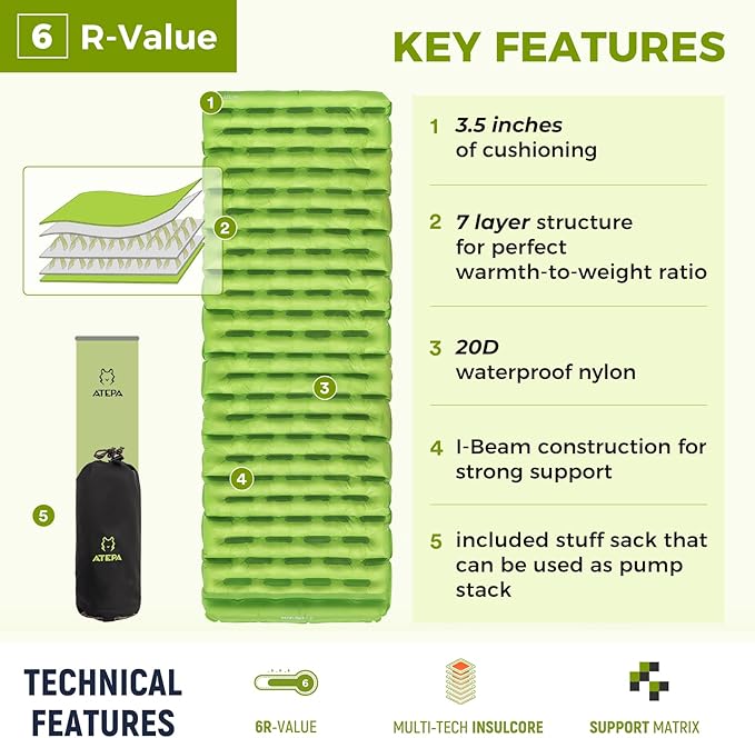 ATEPA ThermAir Ultralight Sleeping Pad for Camping & Backpacking, 6 R-Value Insulated Air Mattress, 3.5” Thick Compact Inflatable Sleeping Mat with Emergency Pump Sack, Wide Long Size (72"x25")