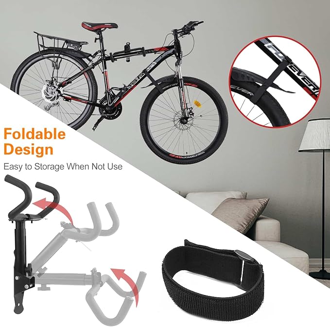 Cyfie Bike Wall Mount Garage Rack, Adjustable Horizontal Bike Storage Hanger Hooks with Wheel Stabilizer Strap, Indoor Hanging Bicycle Holder in Apartment Garage for Mountain Road Hybrid Bike (2 Pack)