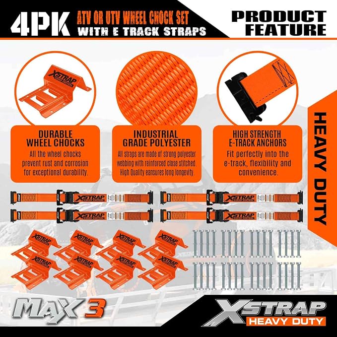 XSTRAP STANDARD Wheel Chock E-Track Tie Down Straps Kit, 4 Pack 2" x 9FT Over-The-Tire Ratchet Straps with Steel Wheel Chocks, 1466 lbs WLL for ATV, UTV, Lawn Mower, Trailer Hauling, Orange