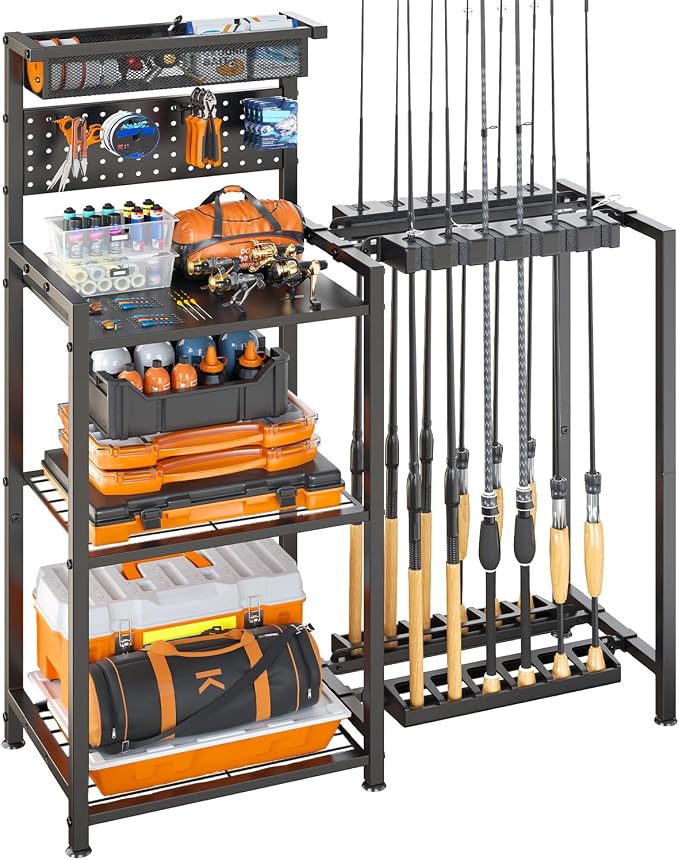 Fishing Rod Holders for Garage, Fishing Pole Holder with 3 Tier shelf, Heavy Duty Fishing Pole Rack with Pegboard & Basket, Fishing Rod Rack Hold up to 12 Fishing Rods, Ideal Fishing Gifts, Black
