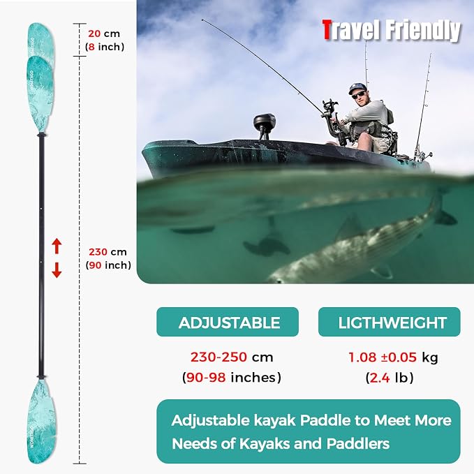 Angler Kayak Paddle Carbon Fiber Shaft and Plastic Blade, Floating Adjustable Fihsing Kayak Oar with Paddle Leash, 230-250cm/90-98 inch