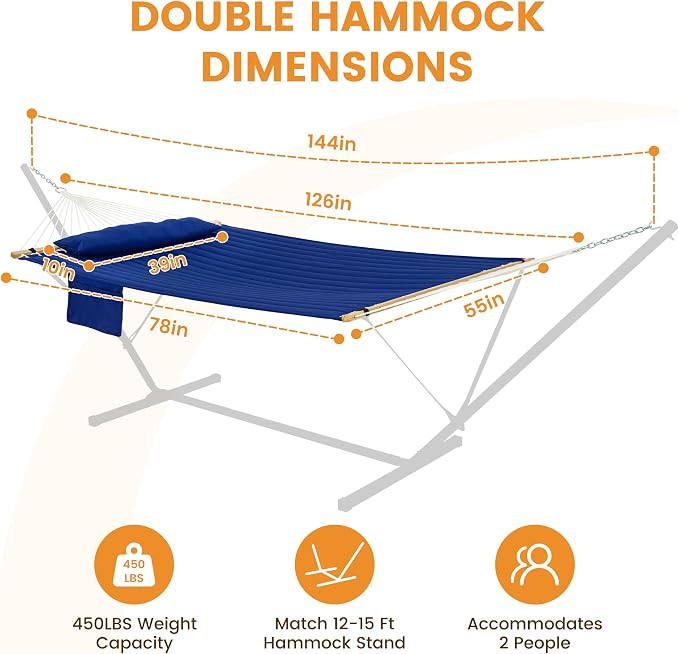 Lazy Daze Hammocks 10.5FT 2 Person Double Quilted Fabric Hammock with Spreader Bar, Detachable Pillow, Side Pocket, Carabiners, Chains, Straps for Outdoor, 450lbs Capacity, Navy Blue
