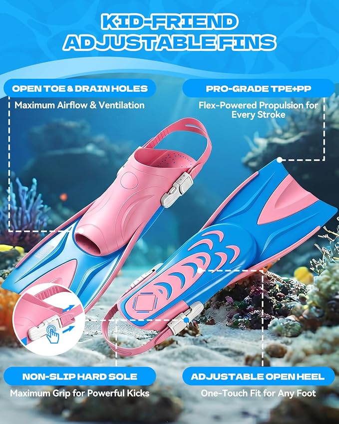 Aegend Snorkeling Gear for Kids Youth – 4-in-1 Snorkel Set with Anti-Fog Mask, Dry Snorkel & Adjustable Fins for Swimming, Diving, Snorkeling, Beach Vacation – Includes Travel Mesh Bag