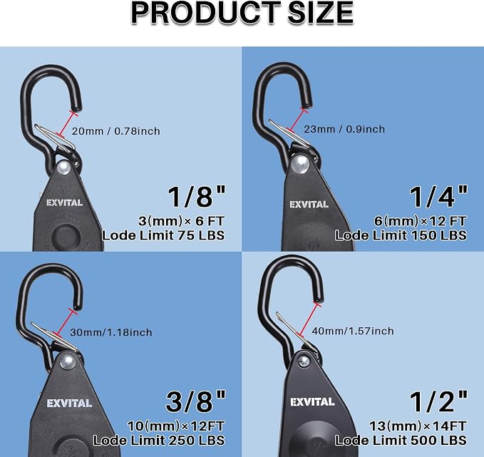1PCS Kayak Rope Tie Down Ratchet Straps 1/2" ×14' Bow and Stern Tie Down Kayak with Safety S Hook Heavy Duty Ratchet Rope Black