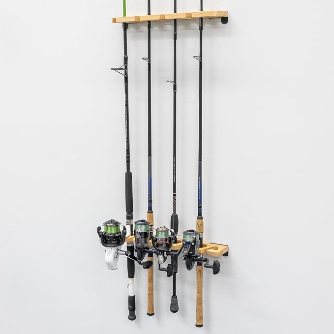 StoreYourBoard Stillwater Fishing Pole Holders for Garage, Wall and Ceiling Storage Rack for Fishing Rods, Solid Wood Garage Organizer Holds 8 Rods or Combos up to 40 lbs