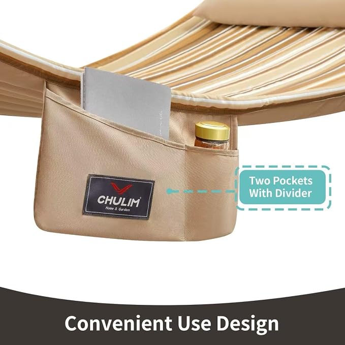 Double Quilted Fabric Hammock with Hardwood Spreader Bars and Pillow 450 LBS Capacity 2 Person Large Hammock for Outdoor Patio Backyard Poolside - Brown Stripe