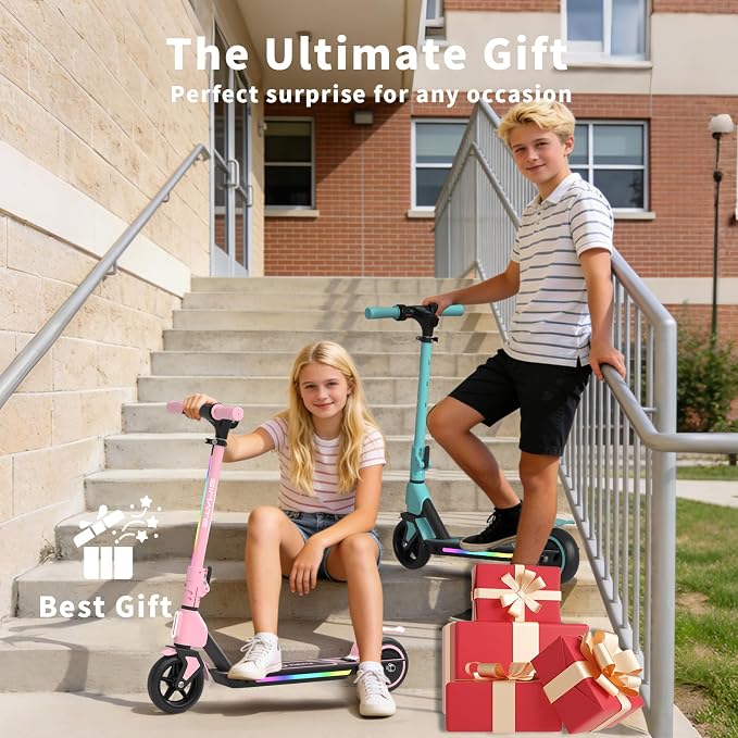 SIMATE Electric Scooter for Kids Ages 6-14, 3 Adjustable Heights 34"/37"/39", LED Display & Colorful Lights, Foldable Kids Electric Scooter, 8.7 MPH Safe Speed, Gifts for Boys Girls