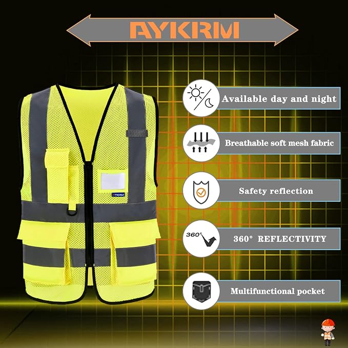 A-SAFETY High Visibility Mesh Safety Reflective Vest with Pockets and Zipper,Hi Vis Viz Reflective Safety Vest(Yellow Mesh XL)