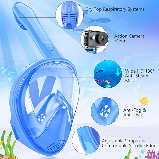 Kids Snorkel Mask Full Face, Snorkeling Gear for Kids with Camera Mount, 180 Degree Panoramic View Snorkeling Set Anti-Fog Anti-Leak