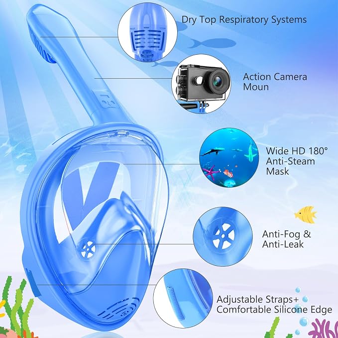 Kids Snorkel Mask Full Face, Snorkeling Gear for Kids with Camera Mount, 180 Degree Panoramic View Snorkeling Set Anti-Fog Anti-Leak