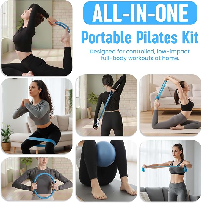 Pilates Kit for Women – 16 Pcs Home Pilates Equipment Set with Magic Circle Ring, Ball, 5 Resistance Bands, Yoga Strap, Ankle Weights, Grip Socks & More | Pilates Starter Kit