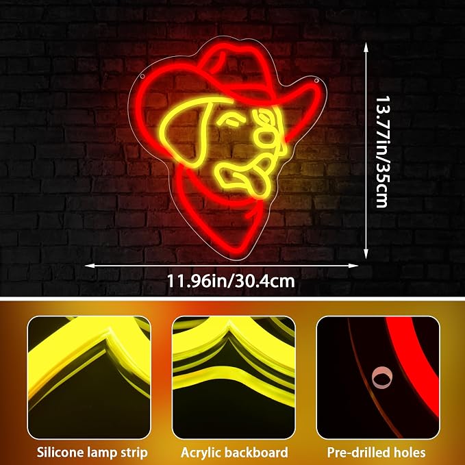 Golden Retriever Neon Sign for Wall Decor Cowboy Dog Neon Light Man Cave | Dimmable Neon,Birthday Cartoon Gifts,5V USB Powered,Texas Club,Bar,Shop Decor, Teen Boys Bedroom Wall Art,11.9*13.7in