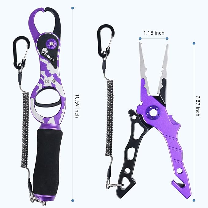 Golden J Fish Lip Gripper & Multi-Function Fishing Pliers Set - High-Strength Aluminum & Stainless Steel, Hook Remover, Split Ring Pliers, Line Cutter, Ideal for Ice, Surf, Lure Fishing