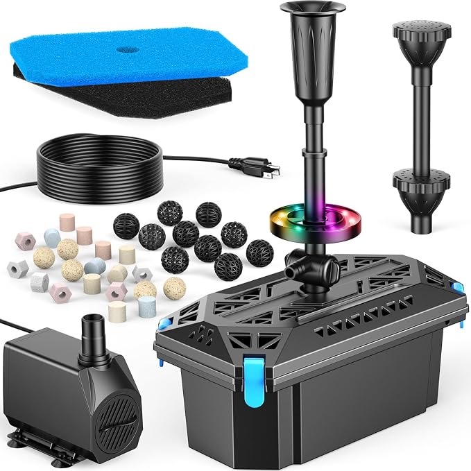 Antfraer Pond Filter with Fountain Kits, 660GPH Submersible Pond Pump with RGB LED Lights, All-in-One Pond Filter for Outdoor Ponds, Koi Pond, Water Gardens & Waterfall, Up to 1300 Gallons