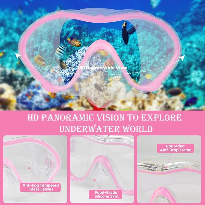 Kids Snorkeling Set - Adjustable Flippers + Panoramic Snorkel Mask + Dry Snorkel Tube + Travel Bags - Suitable for Kids & Juniors, Age 5-14
